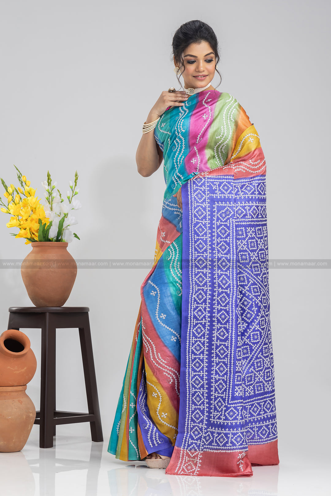 Multi Color Gujarati Embroidery Saree