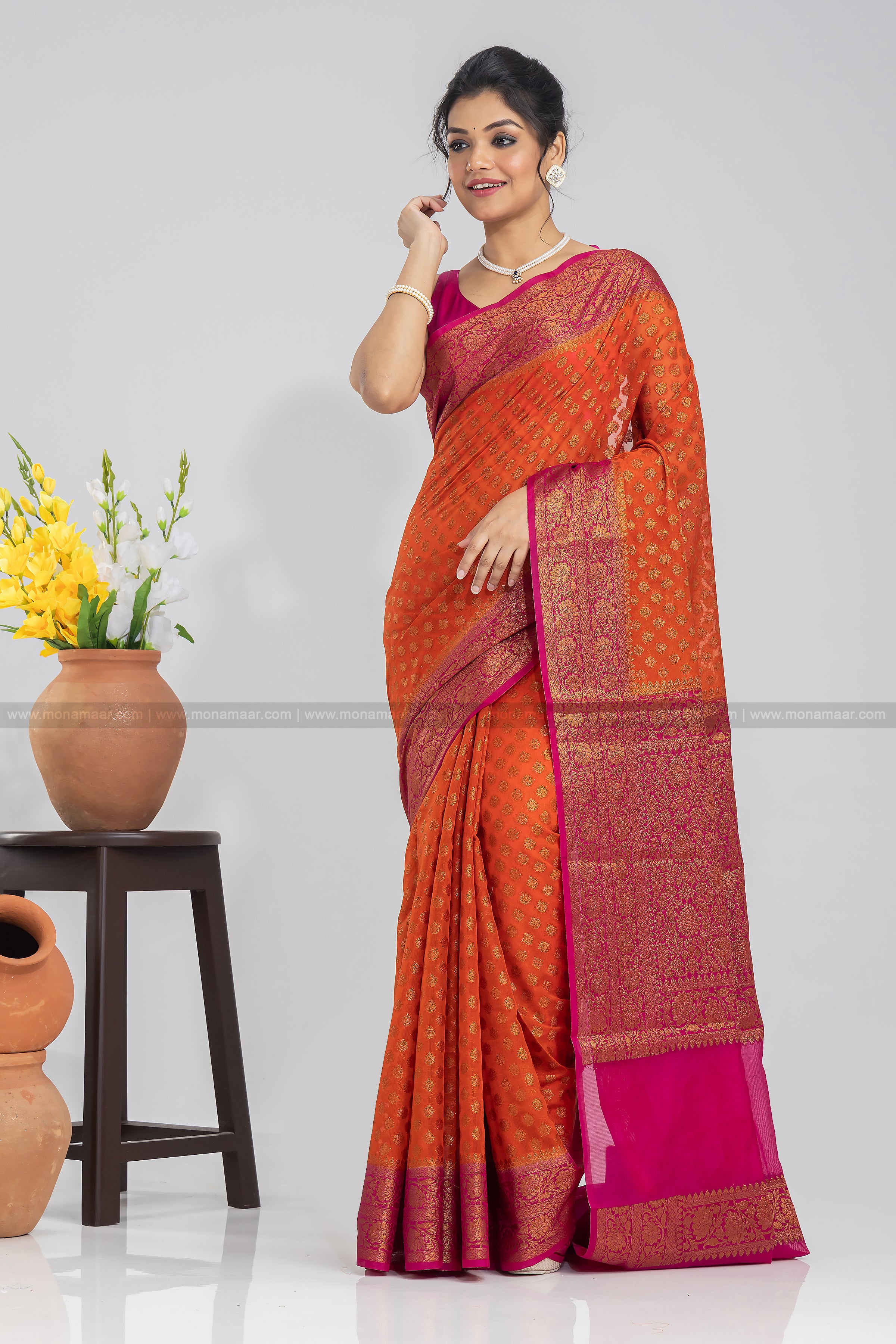 Buy Pink and Orange Pure Banarasi Silk Saree for Wedding Online From  Wholesalez.