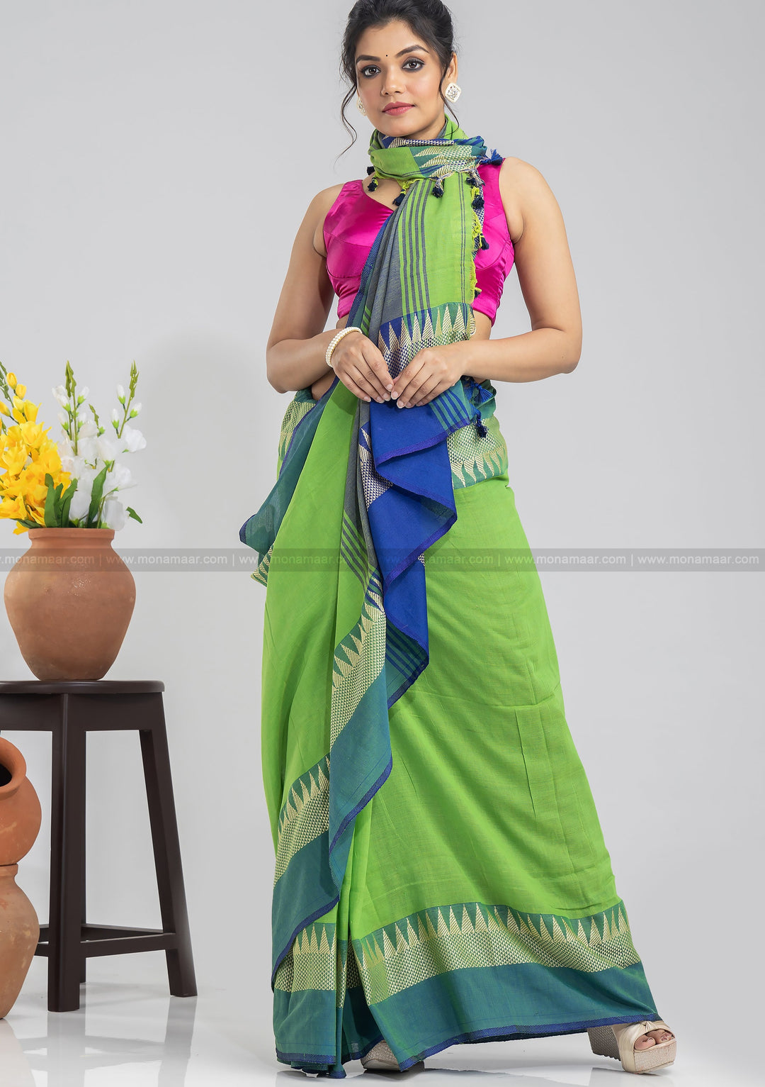 Aura Of Pure Khadi Cotton (Natural Pista Color) Saree