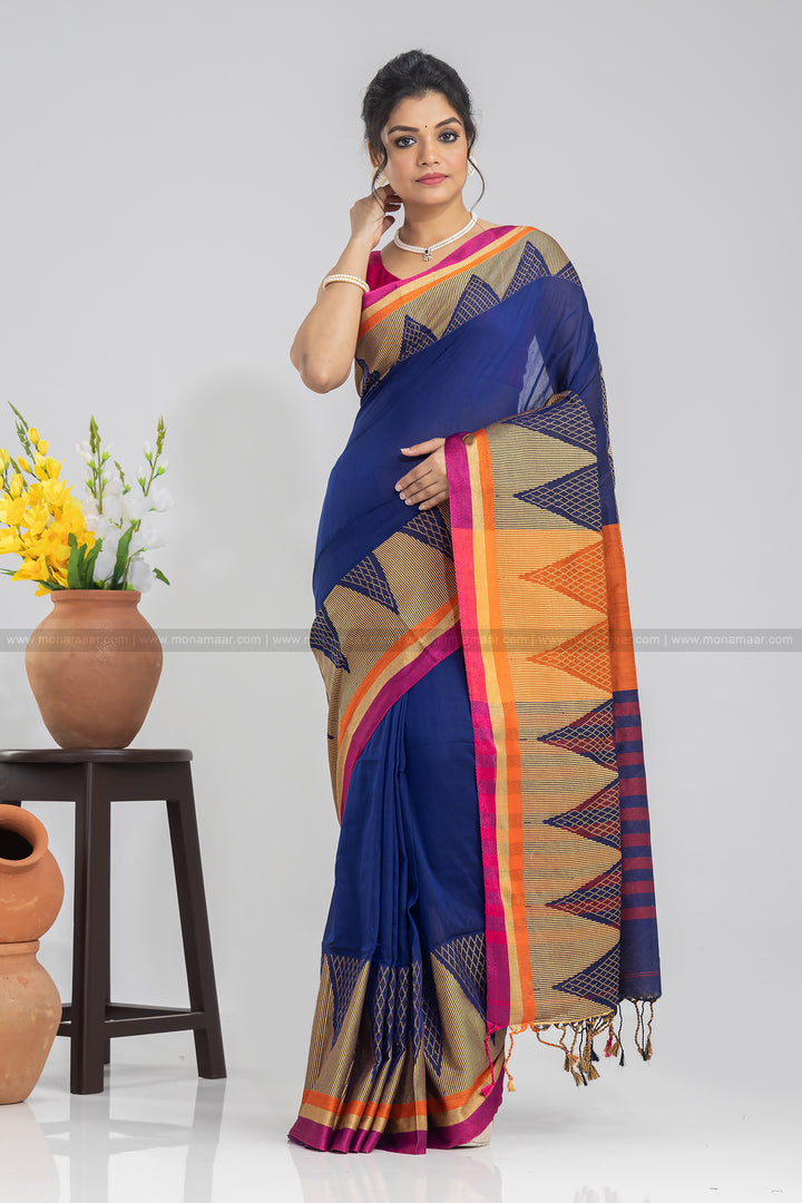 Blue Temple Border Khadi Saree