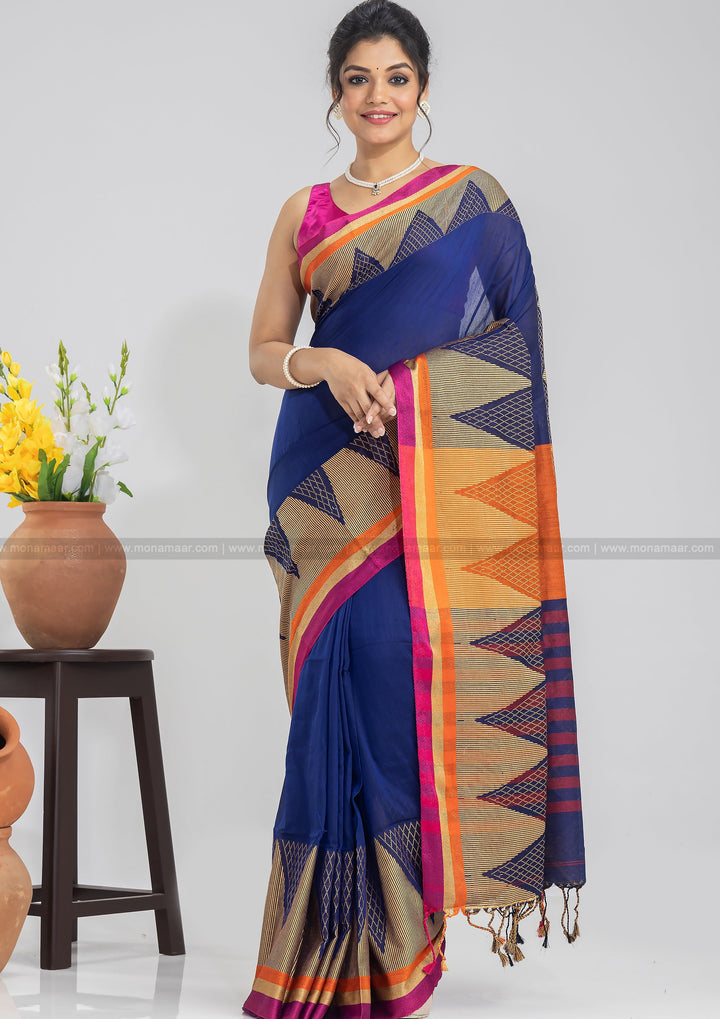 Blue Temple Border Khadi Saree