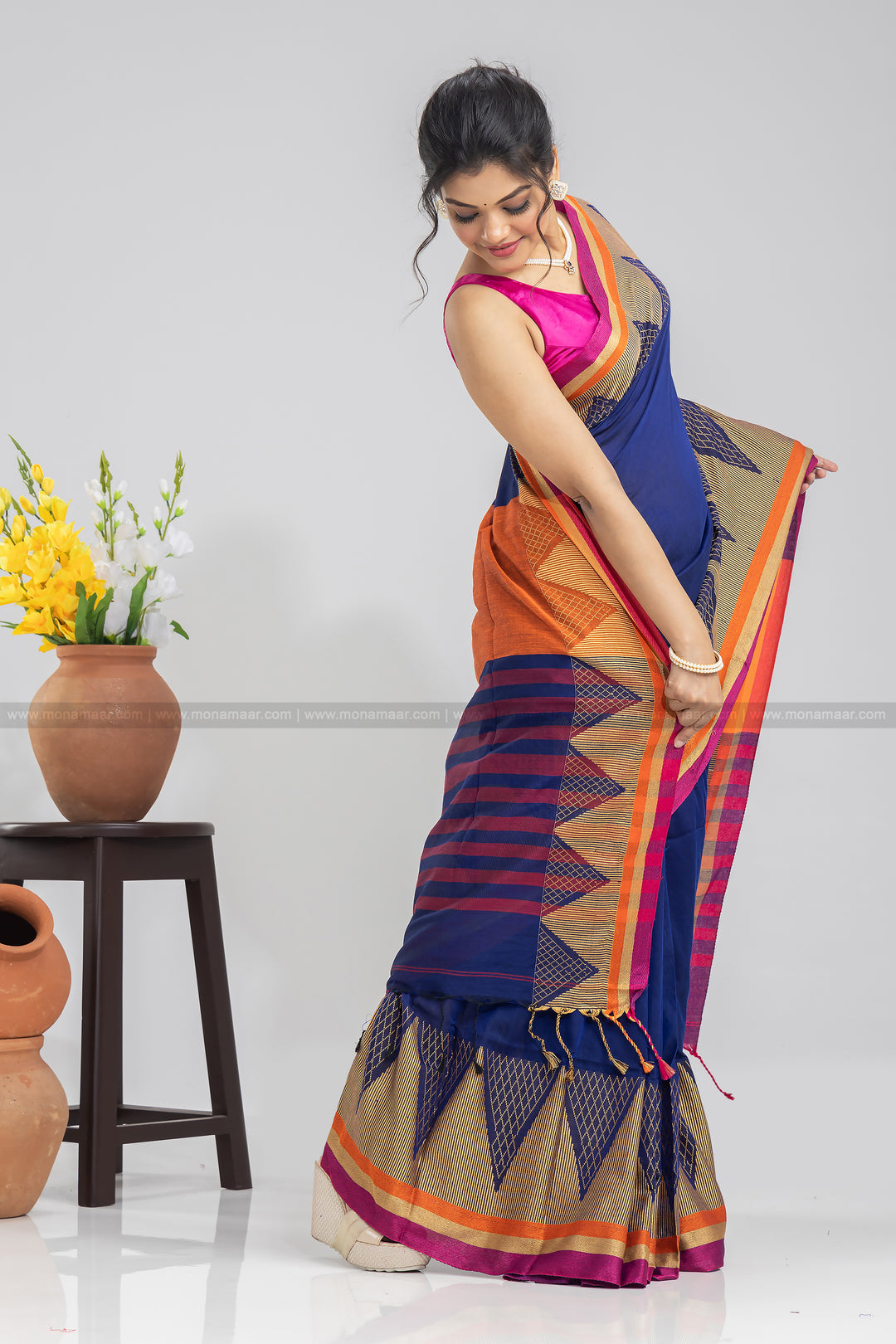 Blue Temple Border Khadi Saree