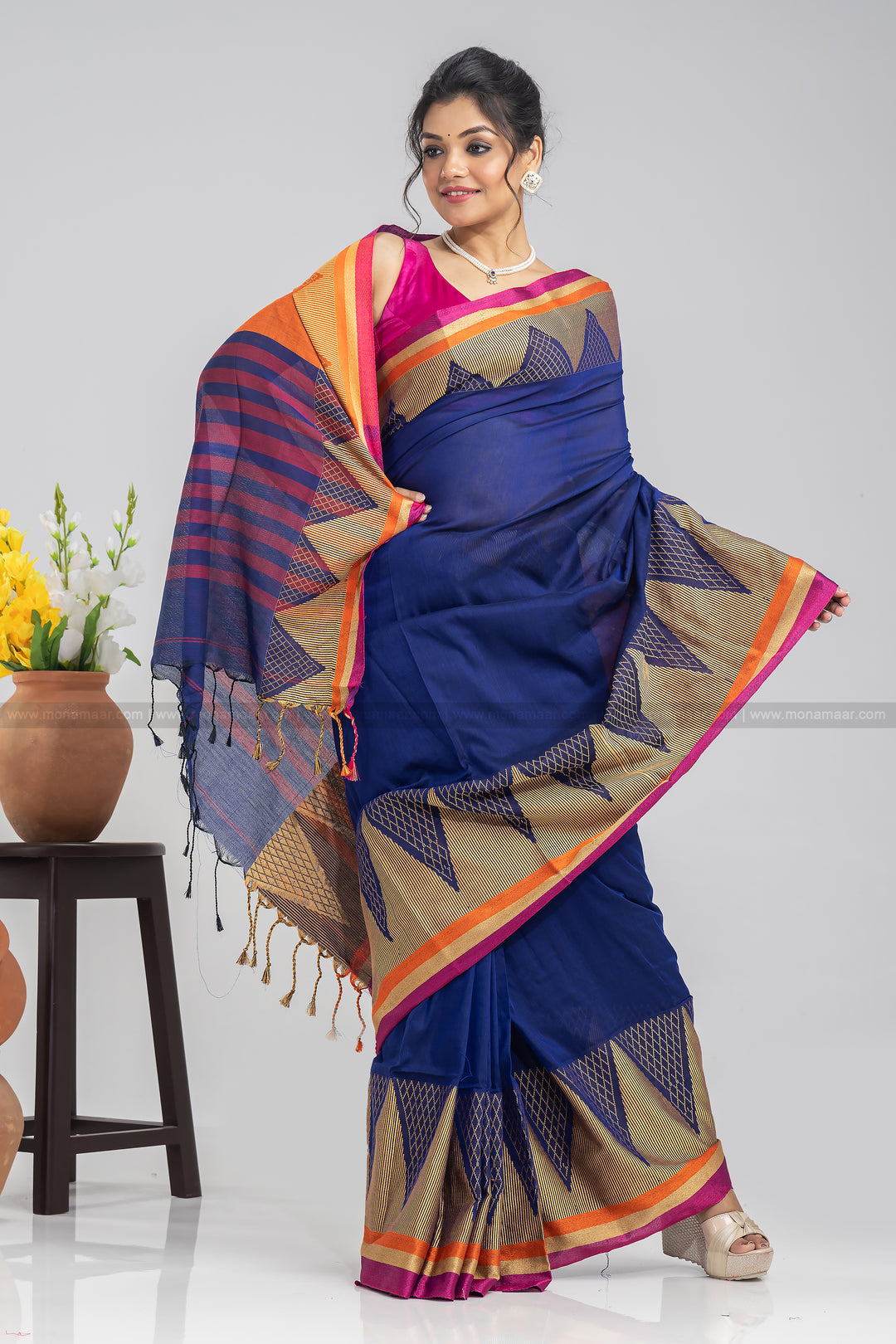 Blue Temple Border Khadi Saree