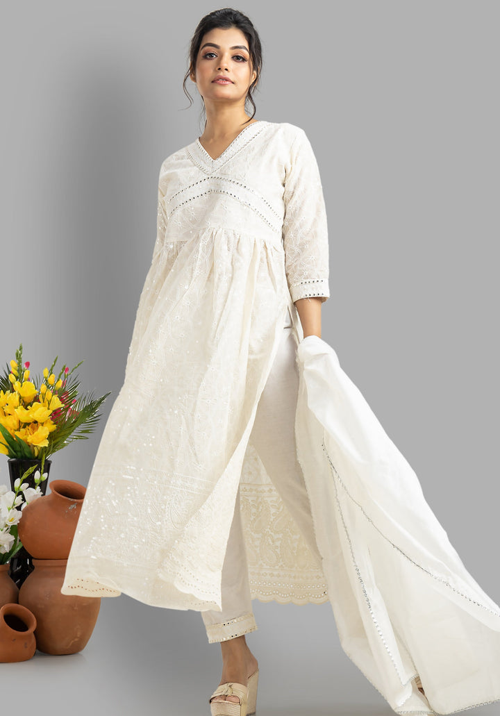 Alia Cut White Chikankari Kurti Set