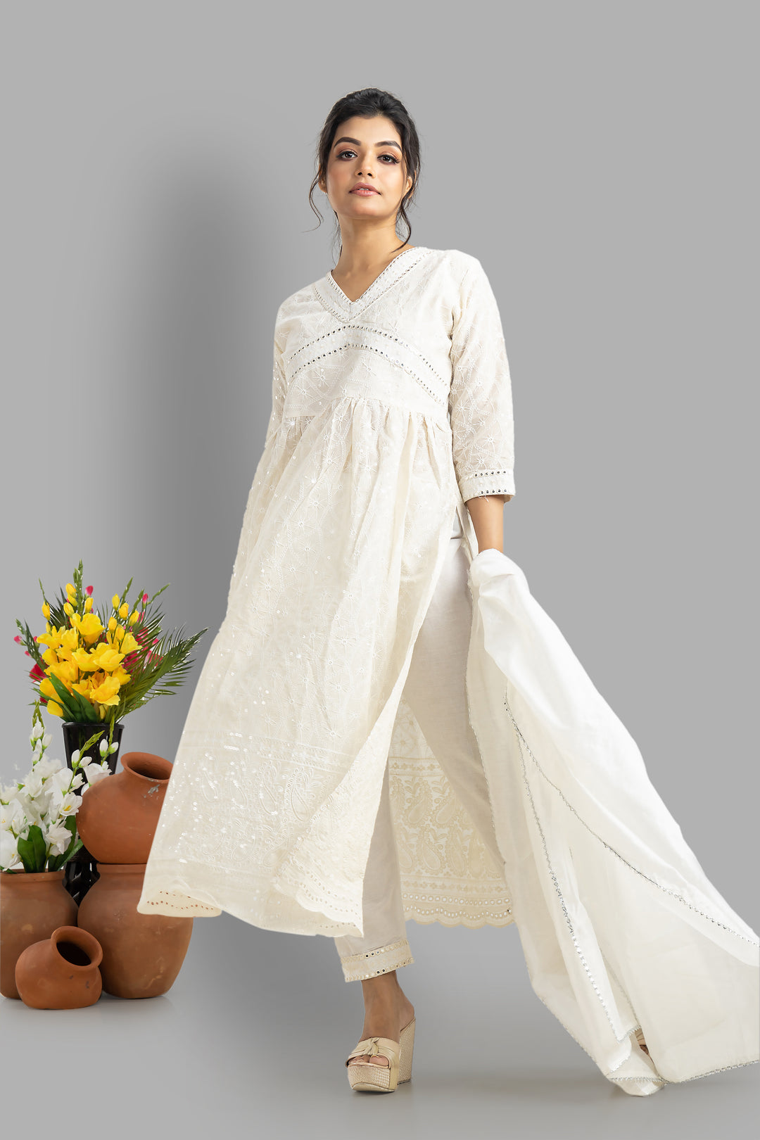 Alia Cut White Chikankari Kurti Set