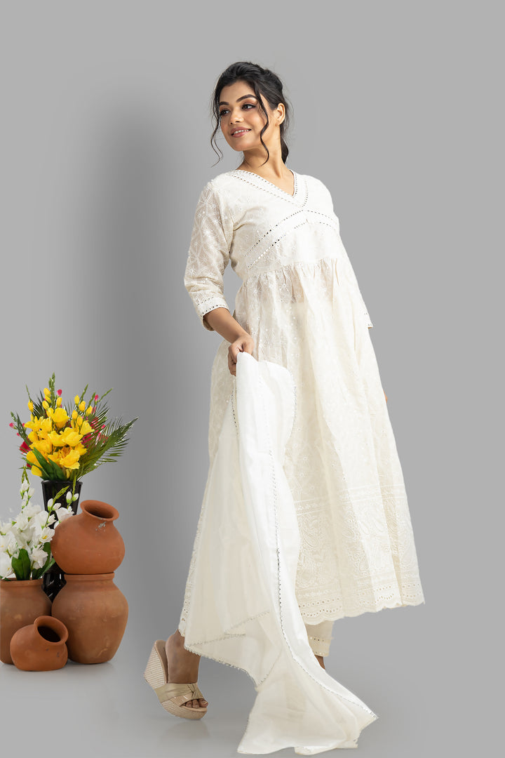 Alia Cut White Chikankari Kurti Set