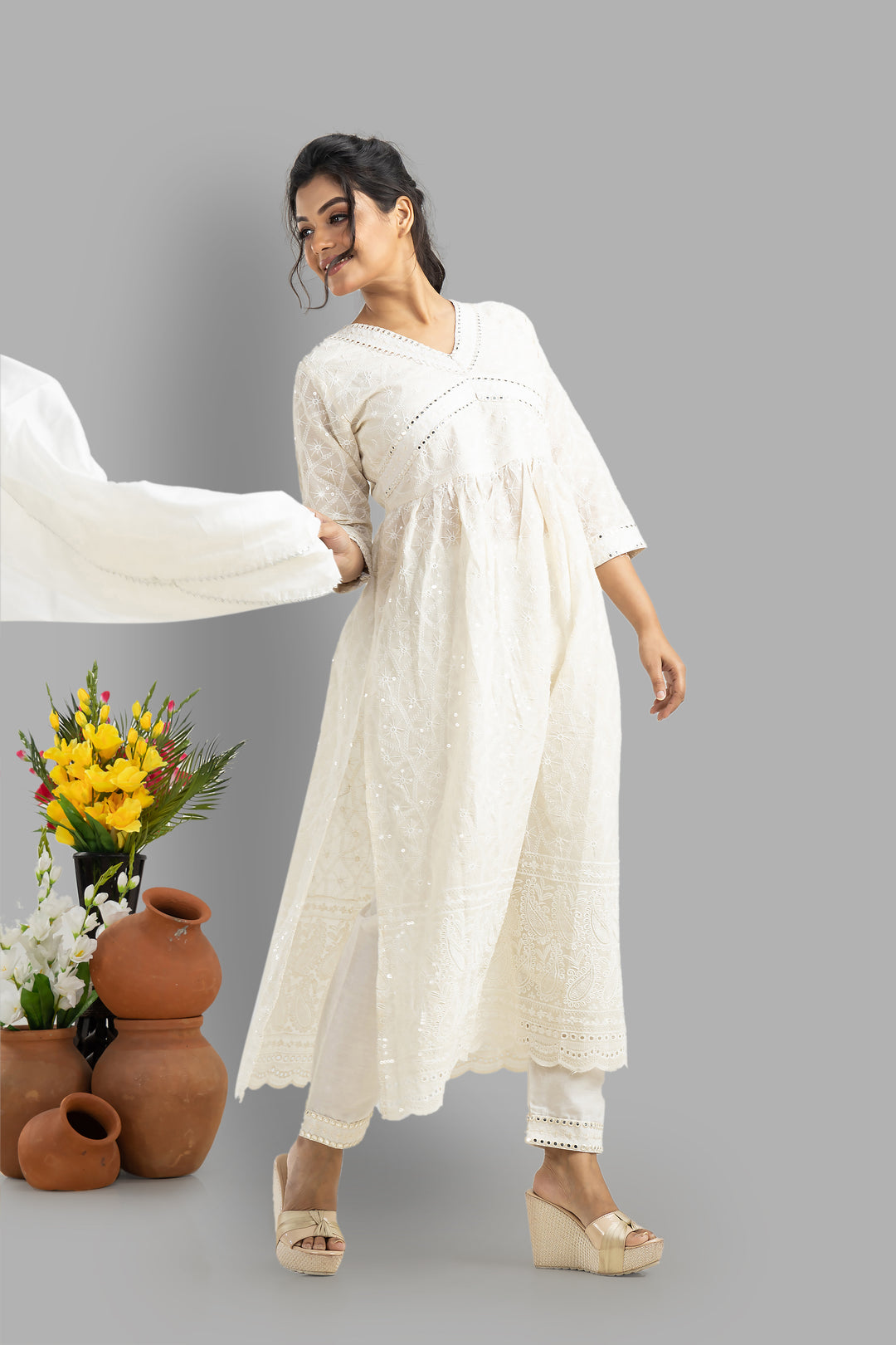 Alia Cut White Chikankari Kurti Set