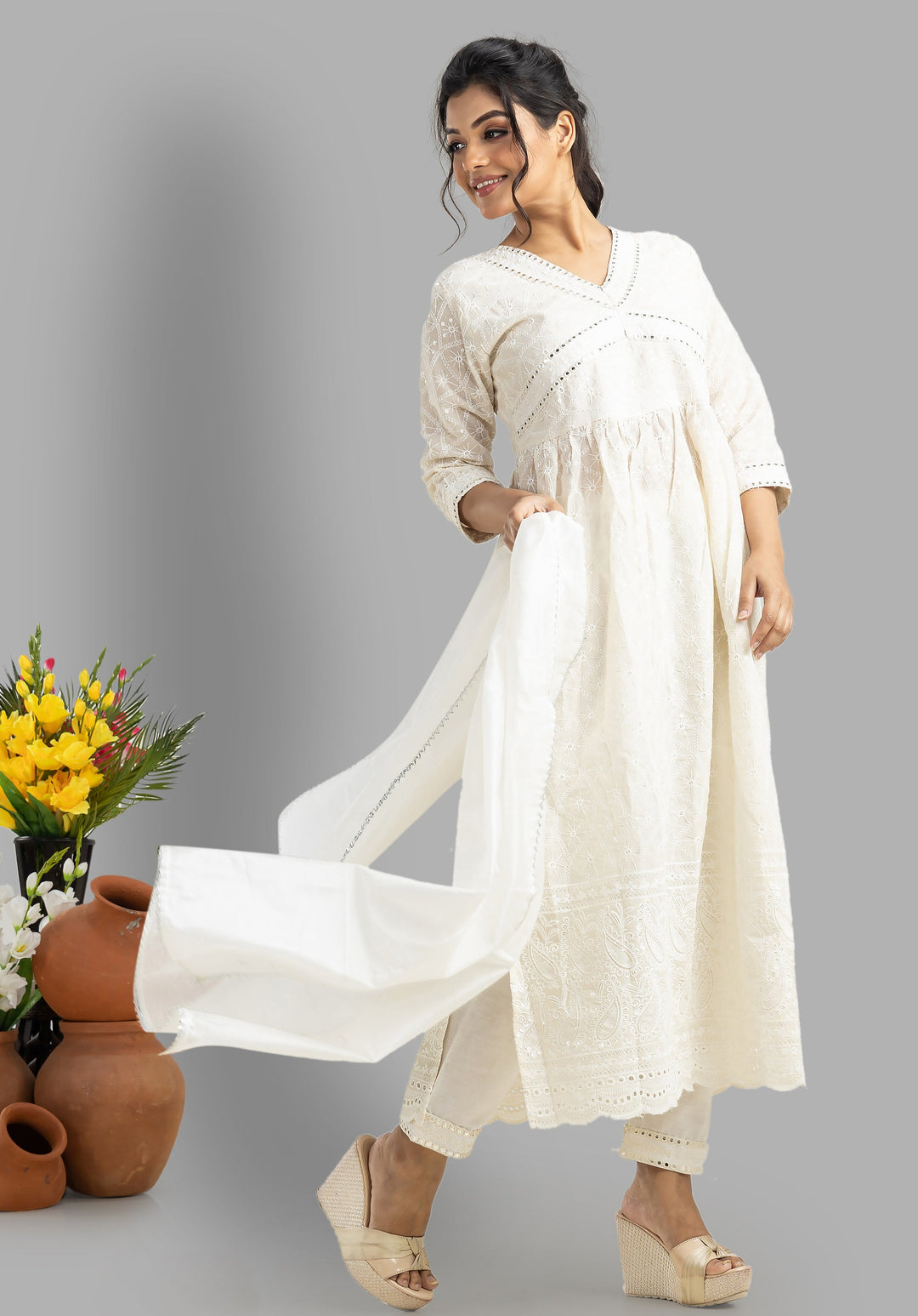 Alia Cut White Chikankari Kurti Set