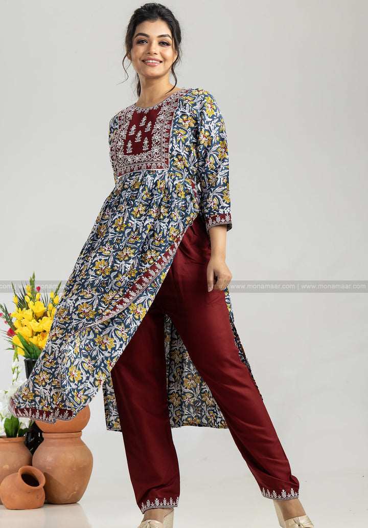 Dark Blue Nayra Cut Kurti Set