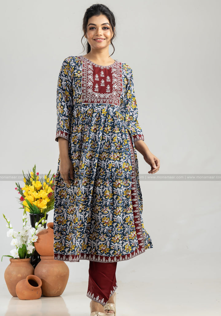 Dark Blue Nayra Cut Kurti Set