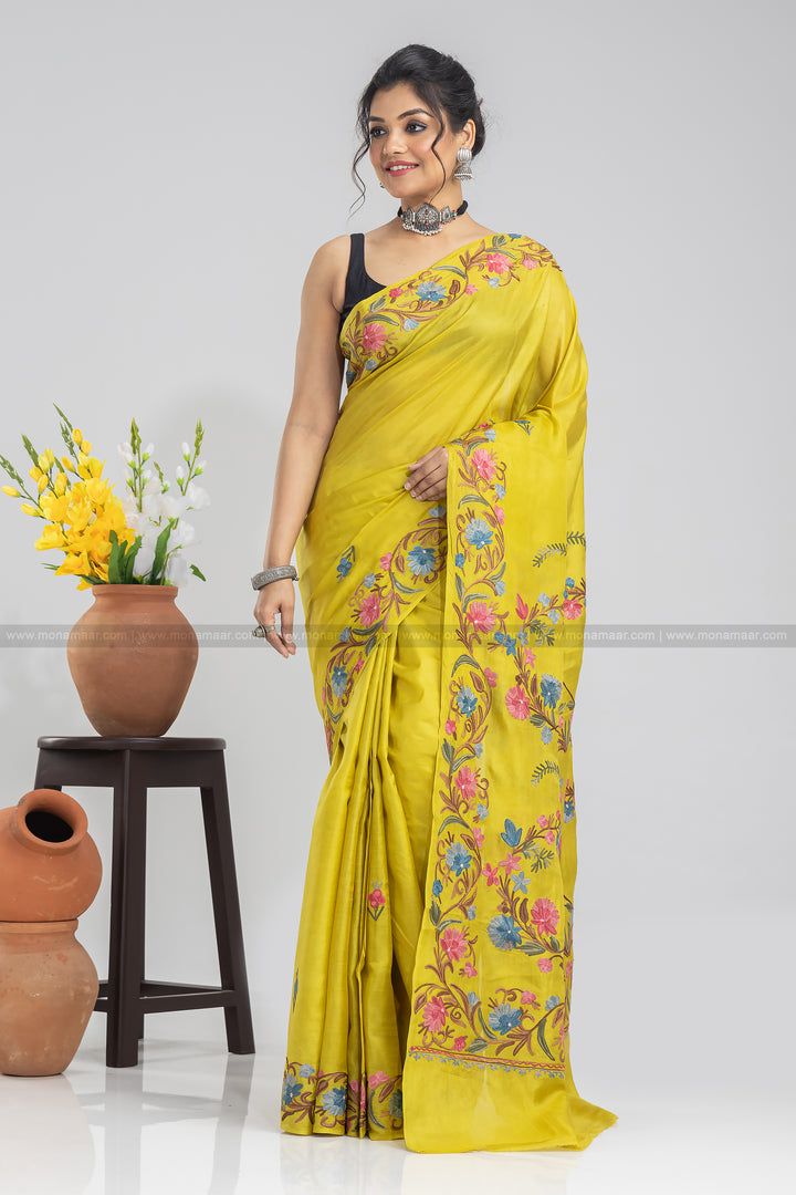 Dark Pineapple Yellow Kashmiri Saree