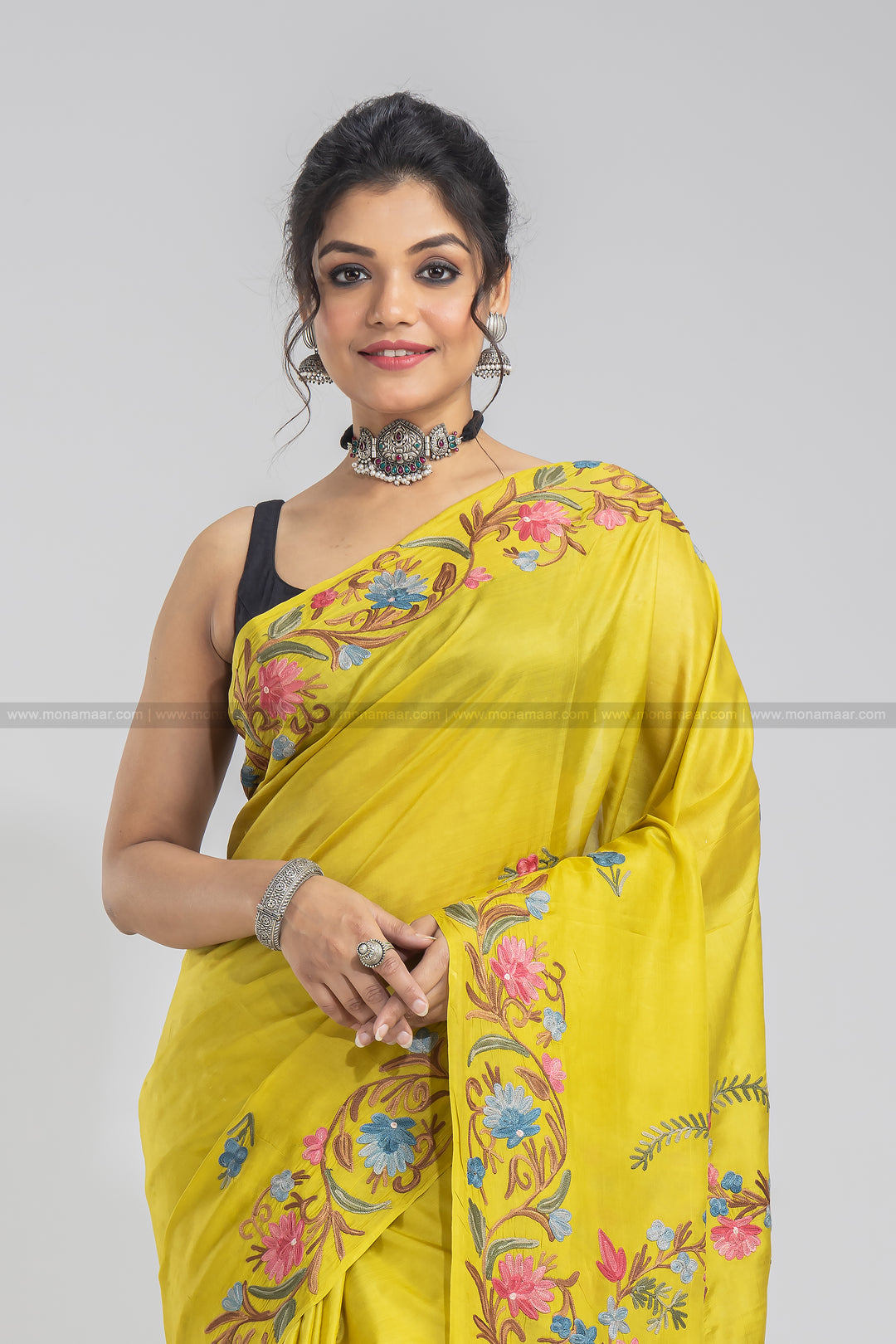 Dark Pineapple Yellow Kashmiri Saree