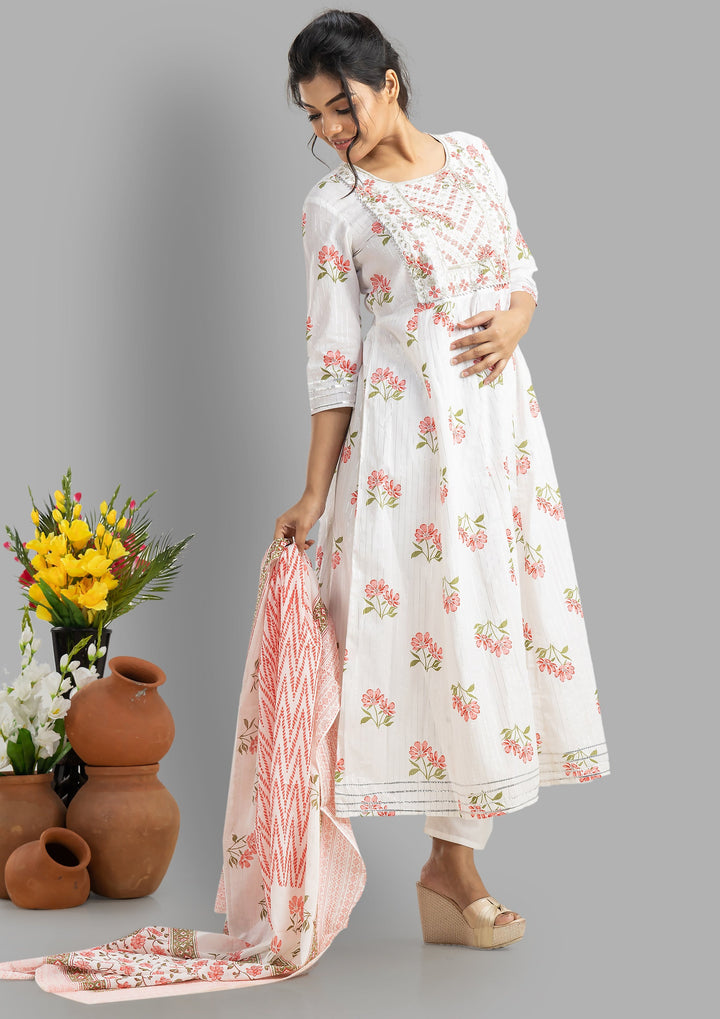 White FLoral Kurti Set