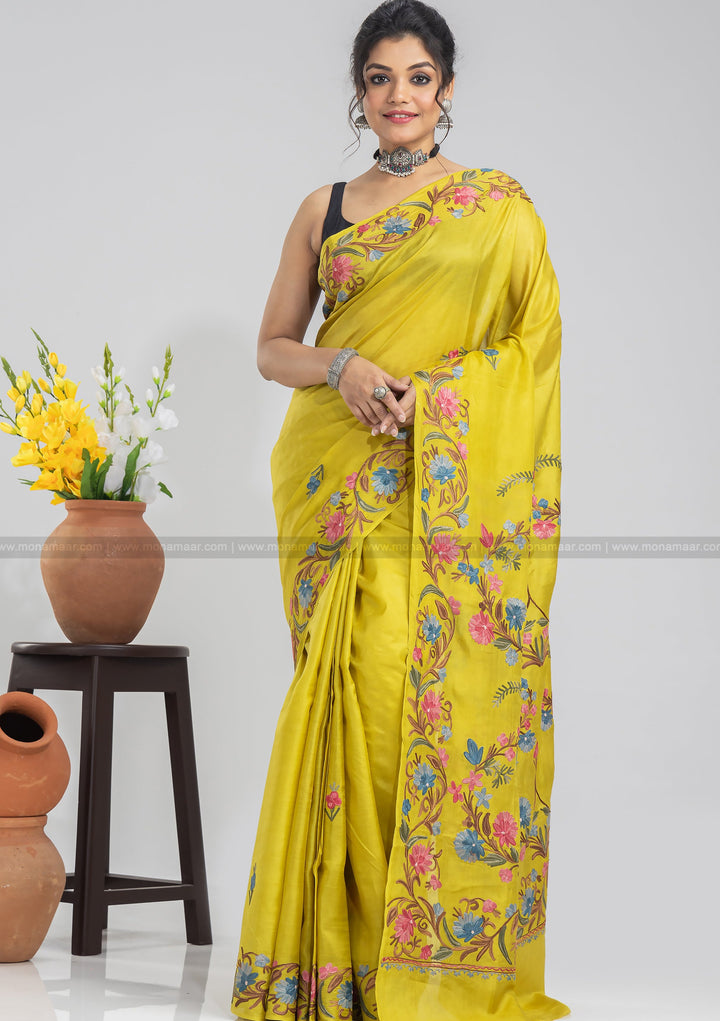 Dark Pineapple Yellow Kashmiri Saree