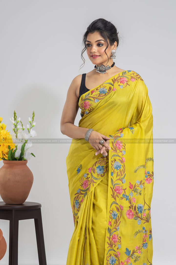 Dark Pineapple Yellow Kashmiri Saree