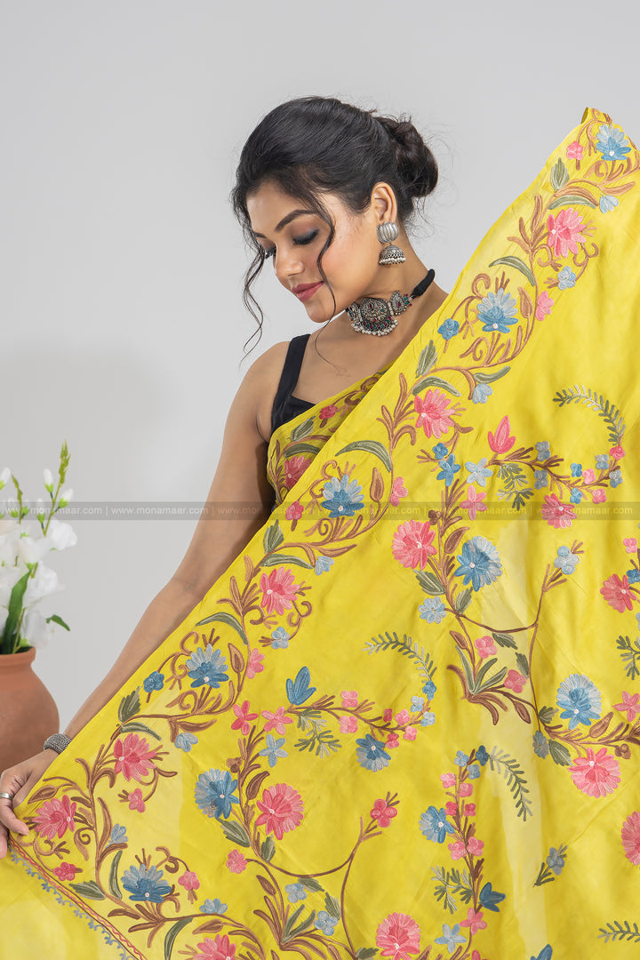 Dark Pineapple Yellow Kashmiri Saree