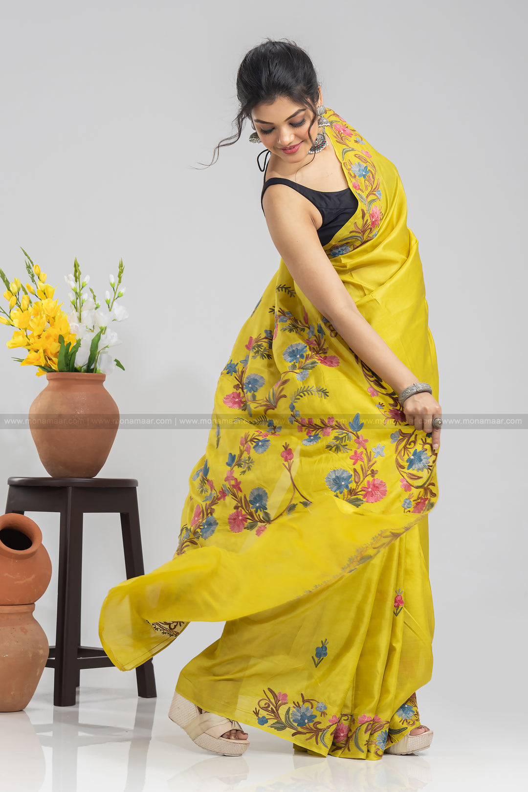 Dark Pineapple Yellow Kashmiri Saree