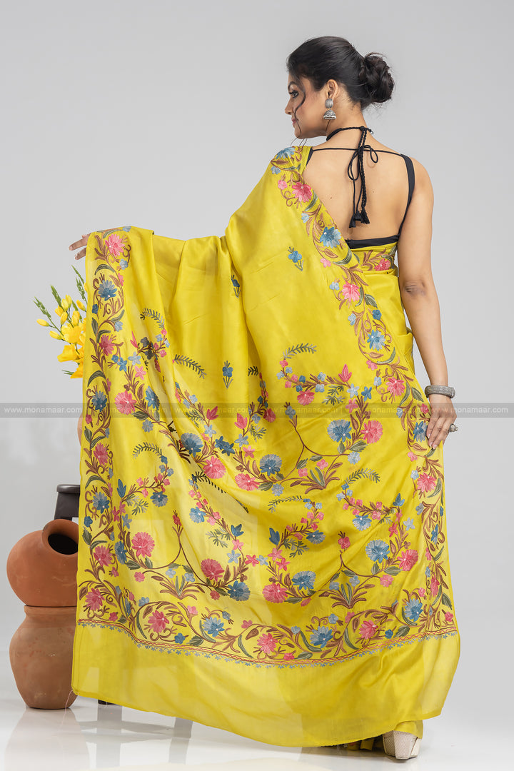 Dark Pineapple Yellow Kashmiri Saree