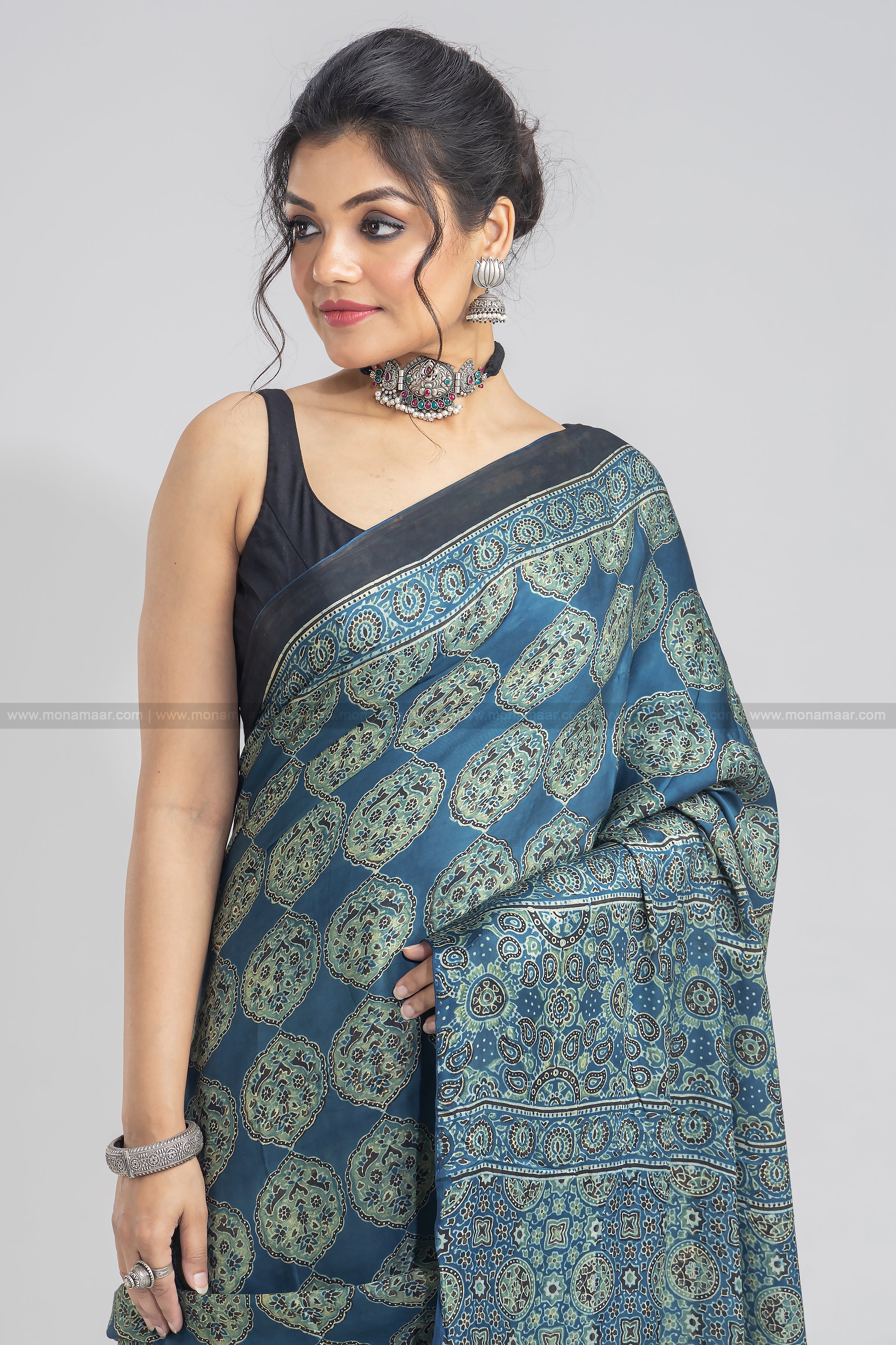 Ajrakh Block Printed Saree – Monamaar