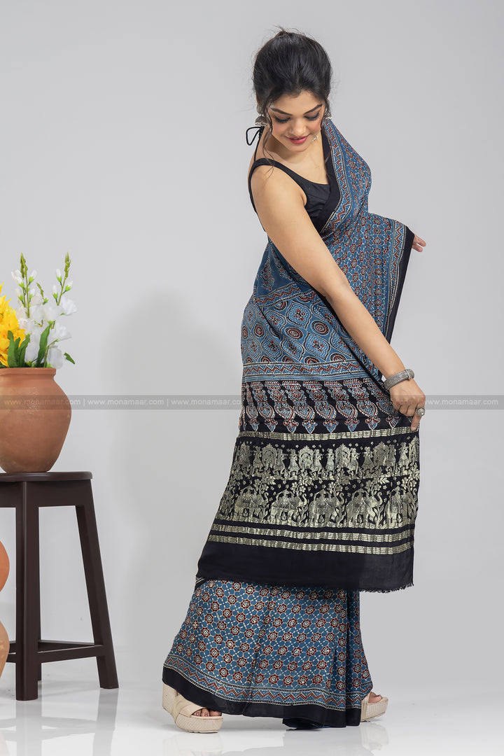 Ajrakh Block Printed Saree