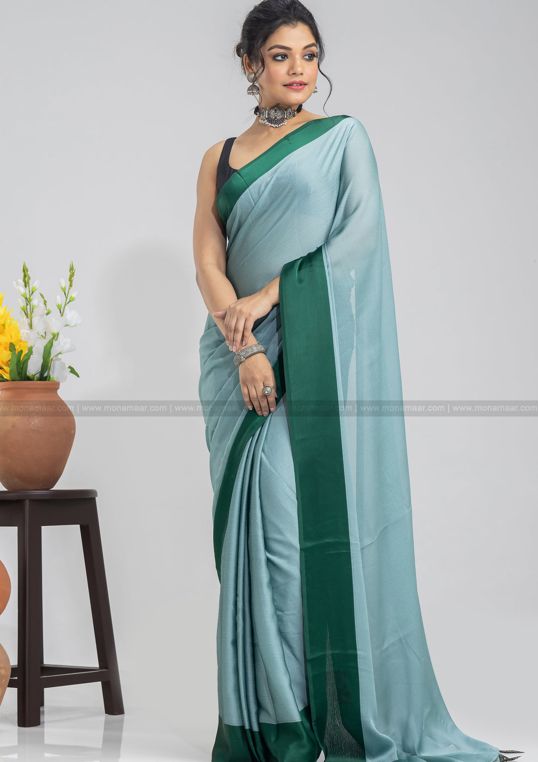 Desirable Moss Green Chiffon Saree