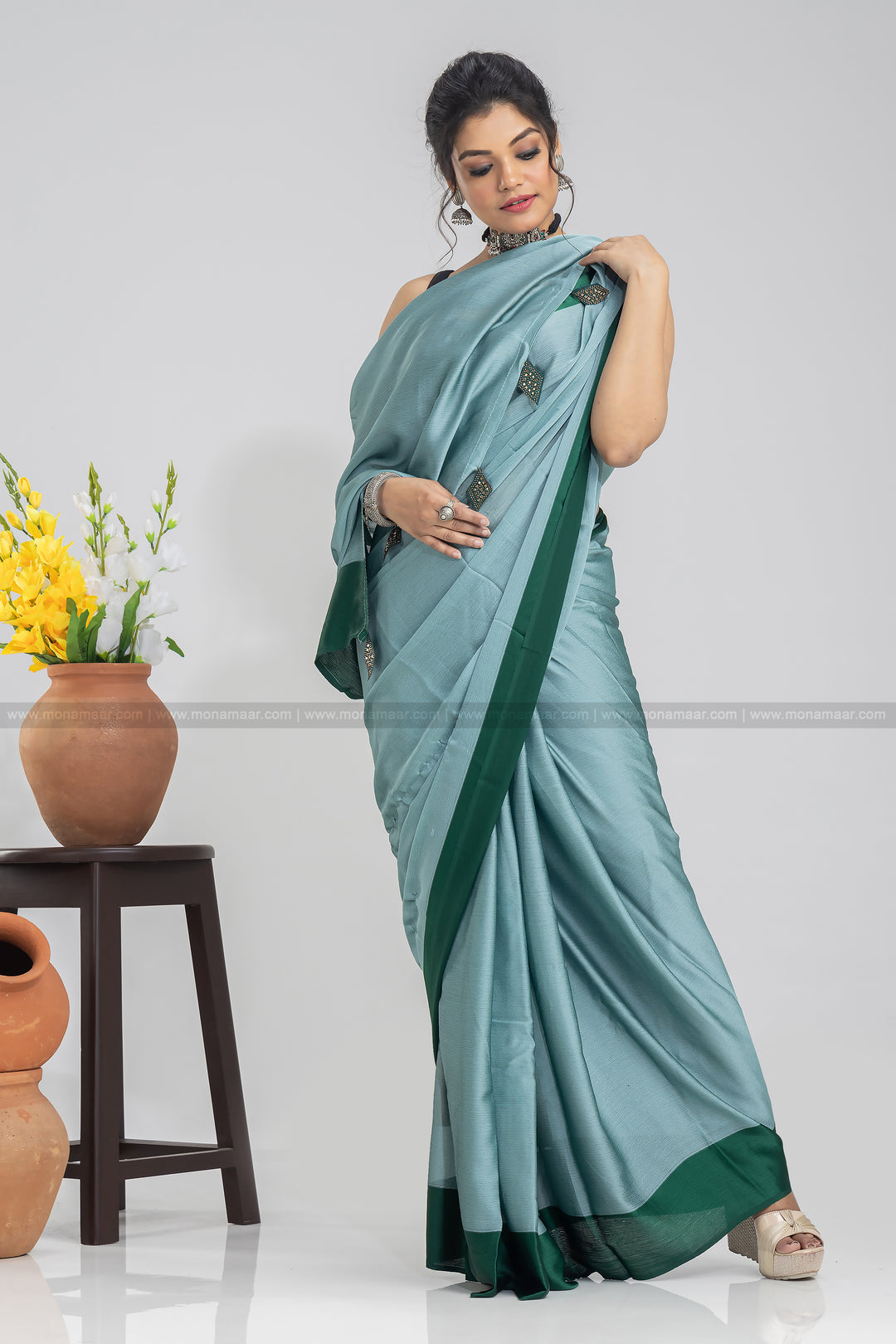 Desirable Moss Green Chiffon Saree