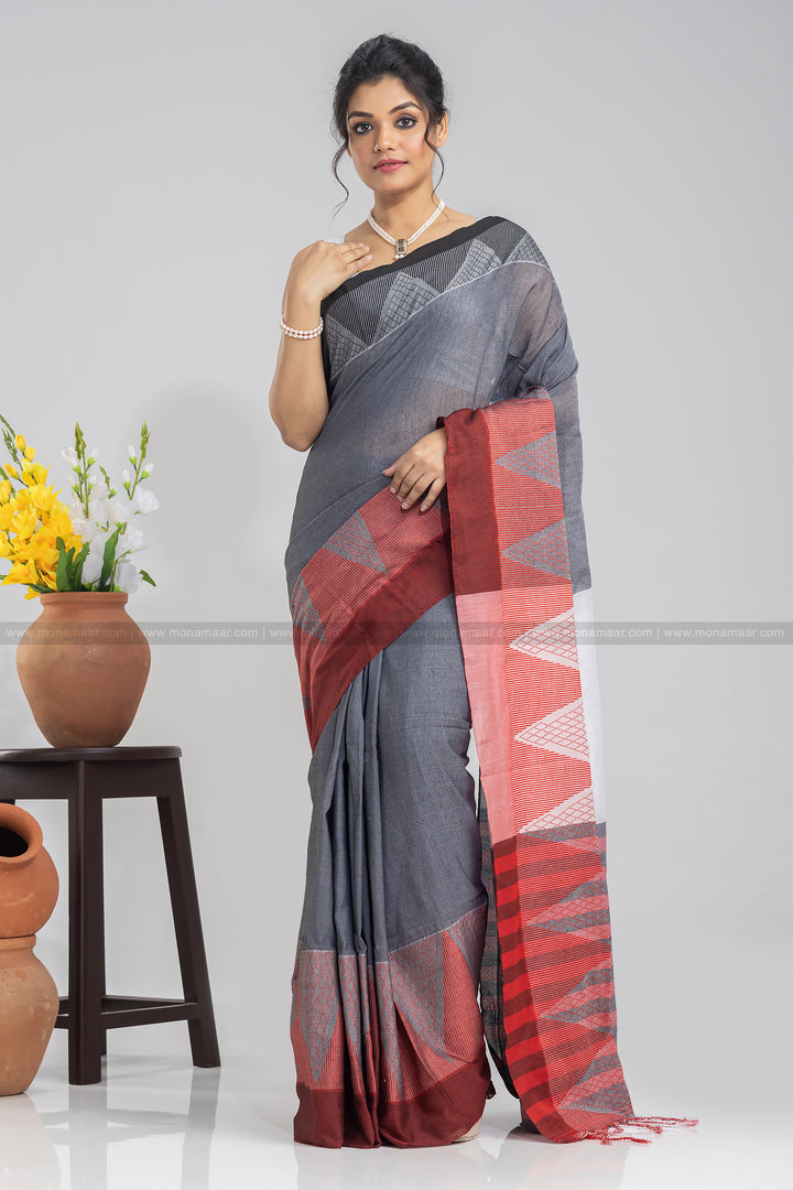 Grey Temple Border Khadi Saree