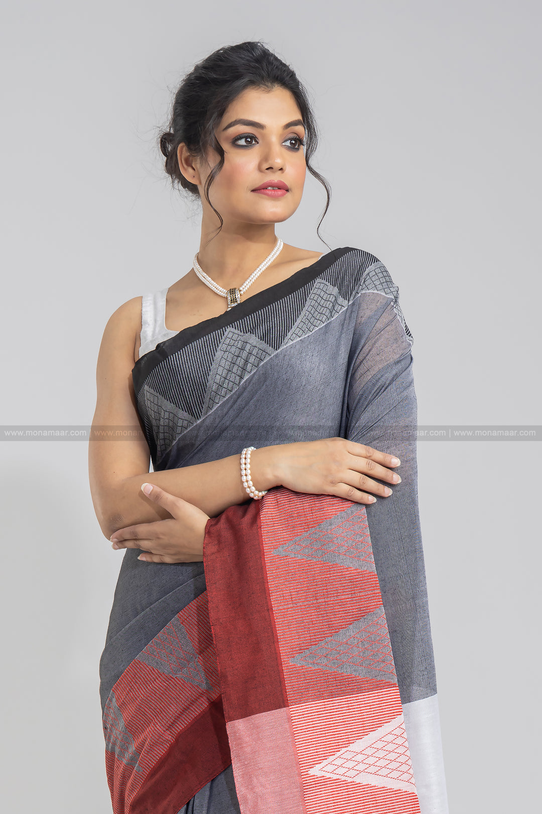 Grey Temple Border Khadi Saree