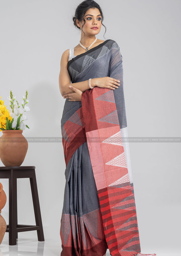 Grey Temple Border Khadi Saree