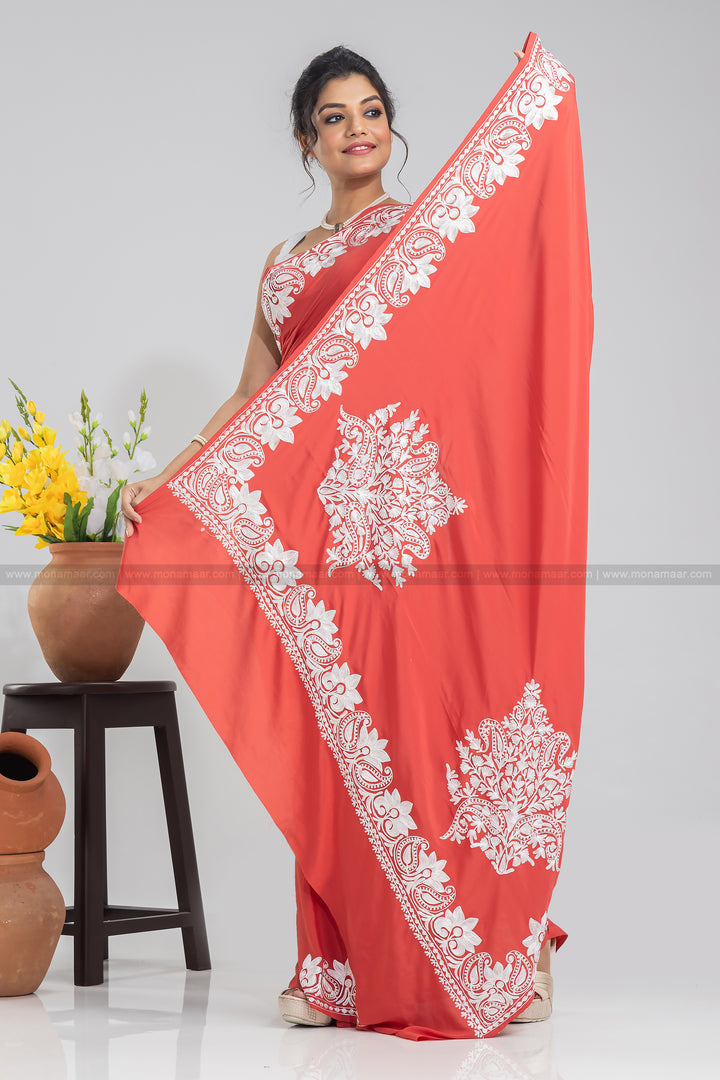 Dark Peach Kashmiri Saree