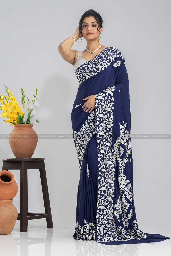 Dark Navy Blue Kashmiri Saree