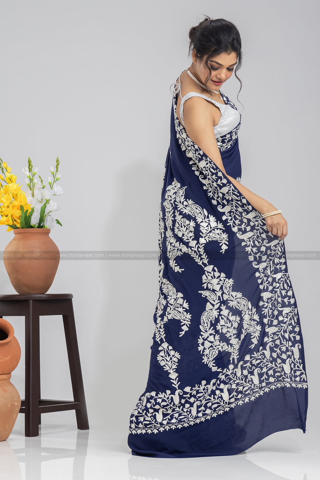 Dark Navy Blue Kashmiri Saree