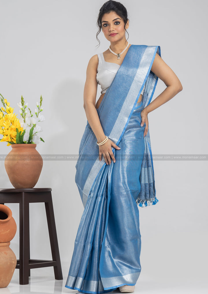 Carolina Blue Pure Handwoven Tissue Linen Saree