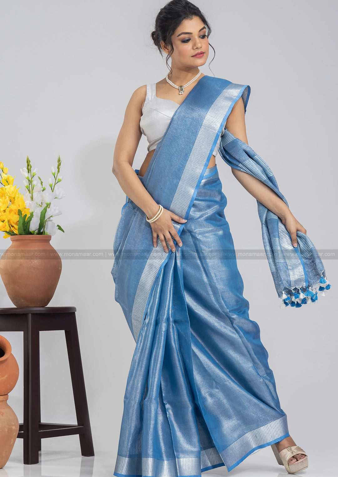 Carolina Blue Pure Handwoven Tissue Linen Saree