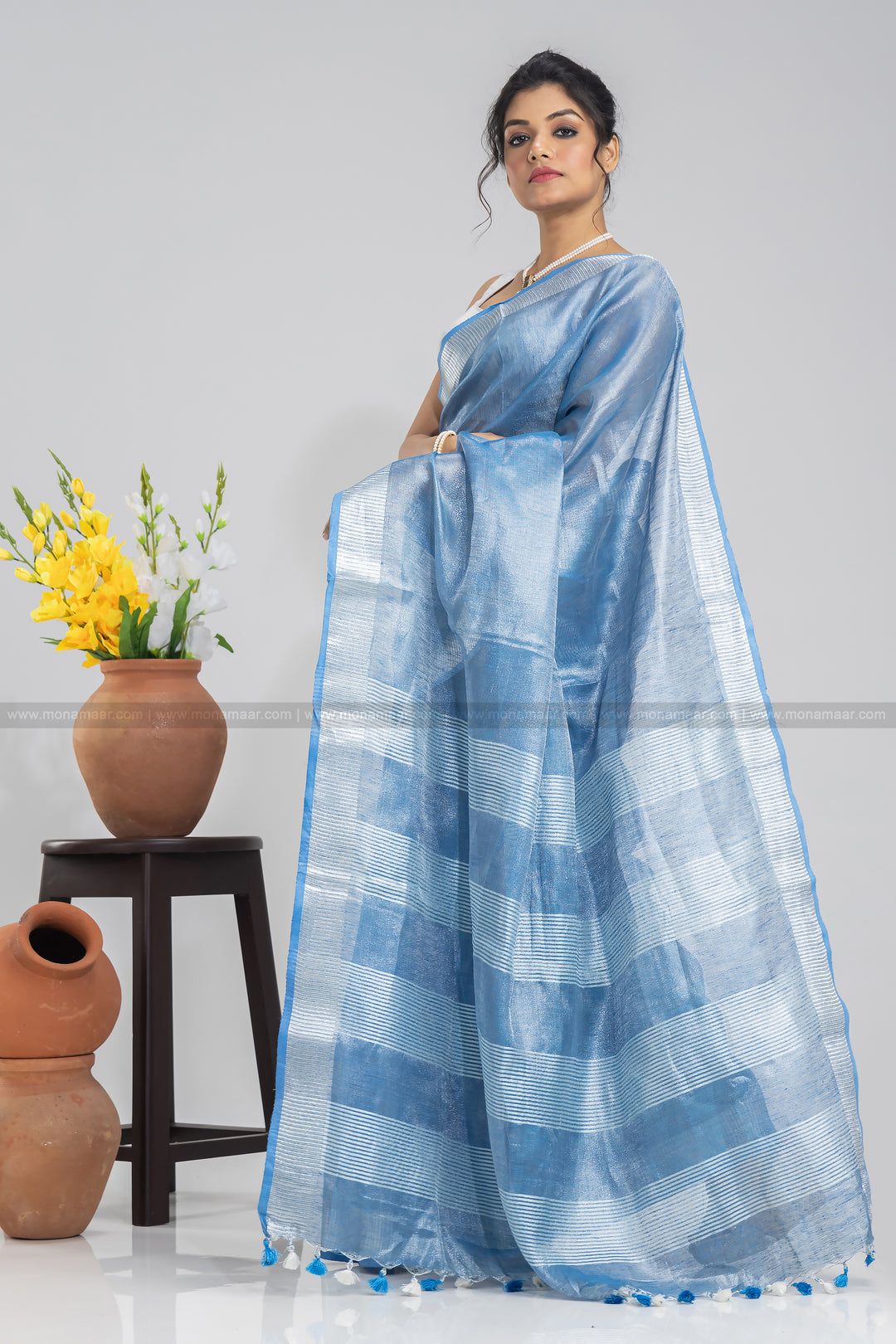 Carolina Blue Pure Handwoven Tissue Linen Saree