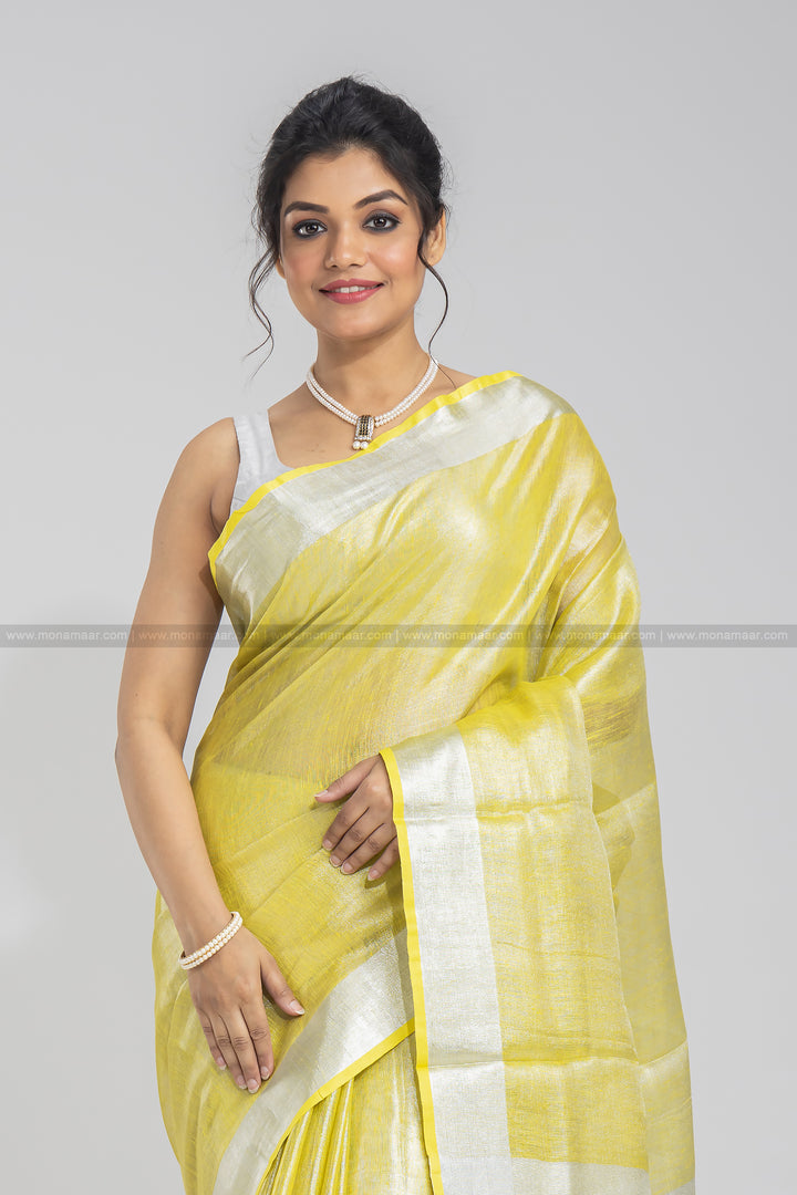 Lemon Yellow Pure Handwoven Tissue Linen Saree