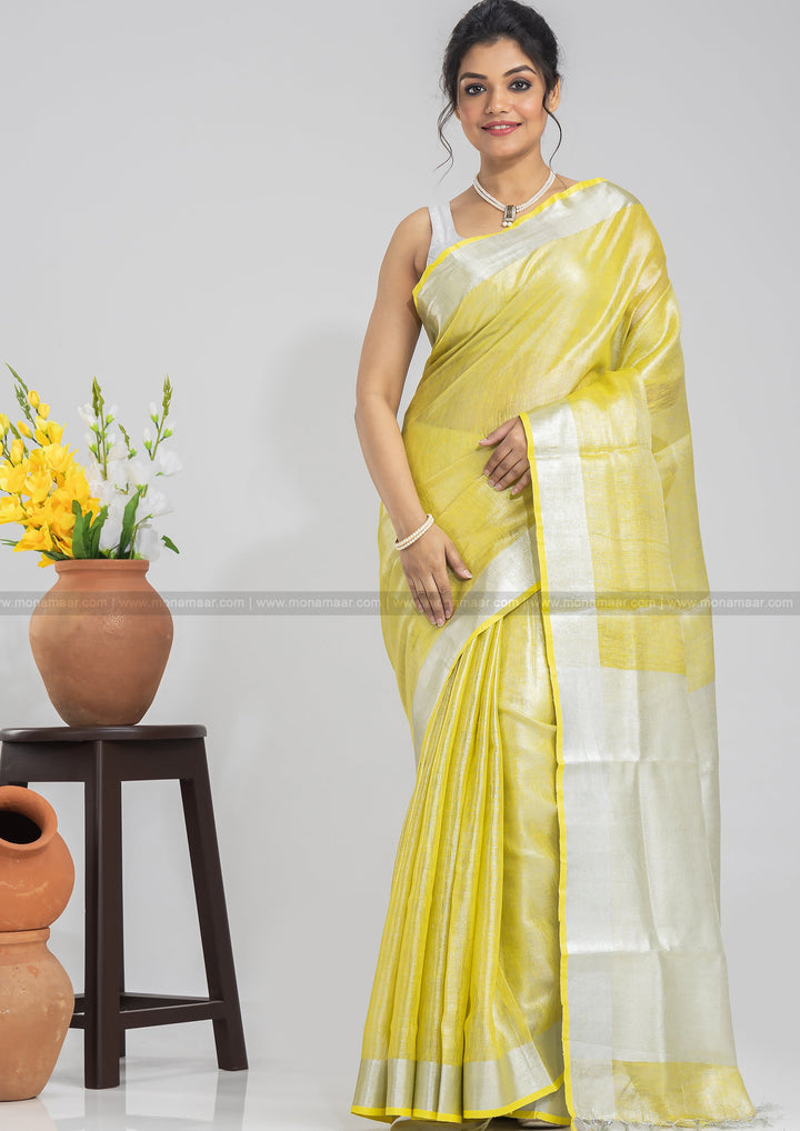 Lemon Yellow Pure Handwoven Tissue Linen Saree