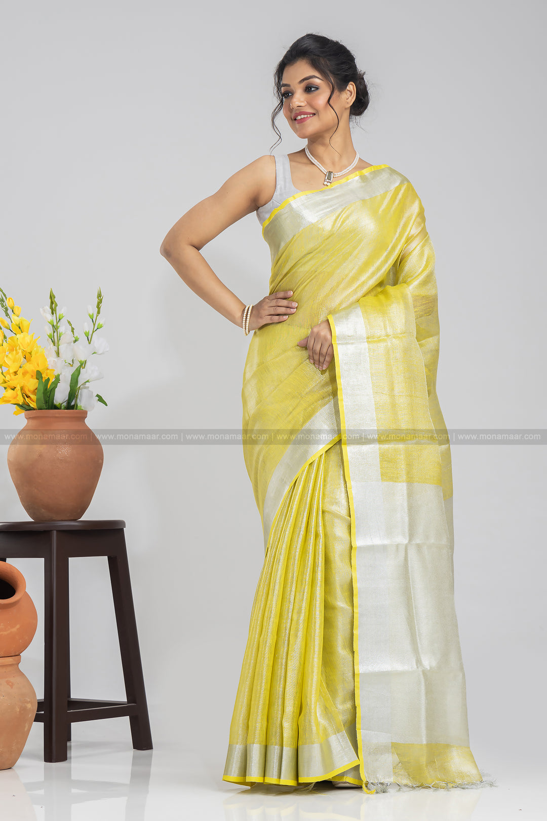 Lemon Yellow Pure Handwoven Tissue Linen Saree