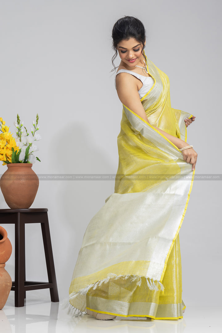 Lemon Yellow Pure Handwoven Tissue Linen Saree