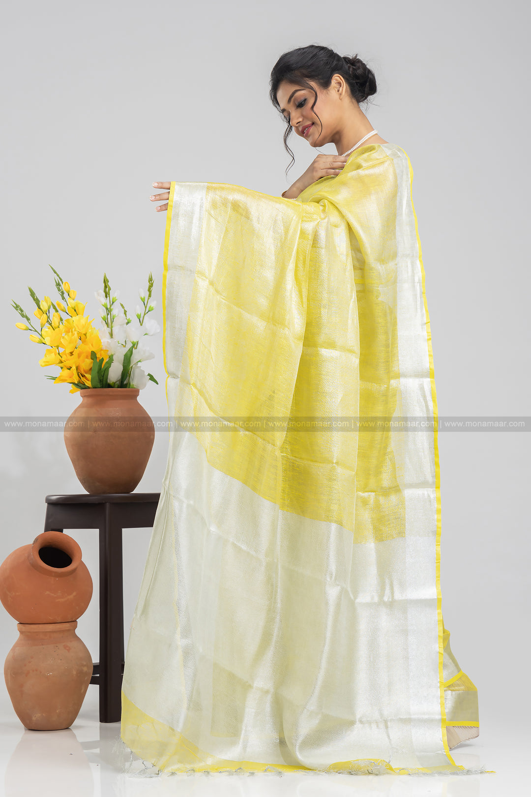 Lemon Yellow Pure Handwoven Tissue Linen Saree