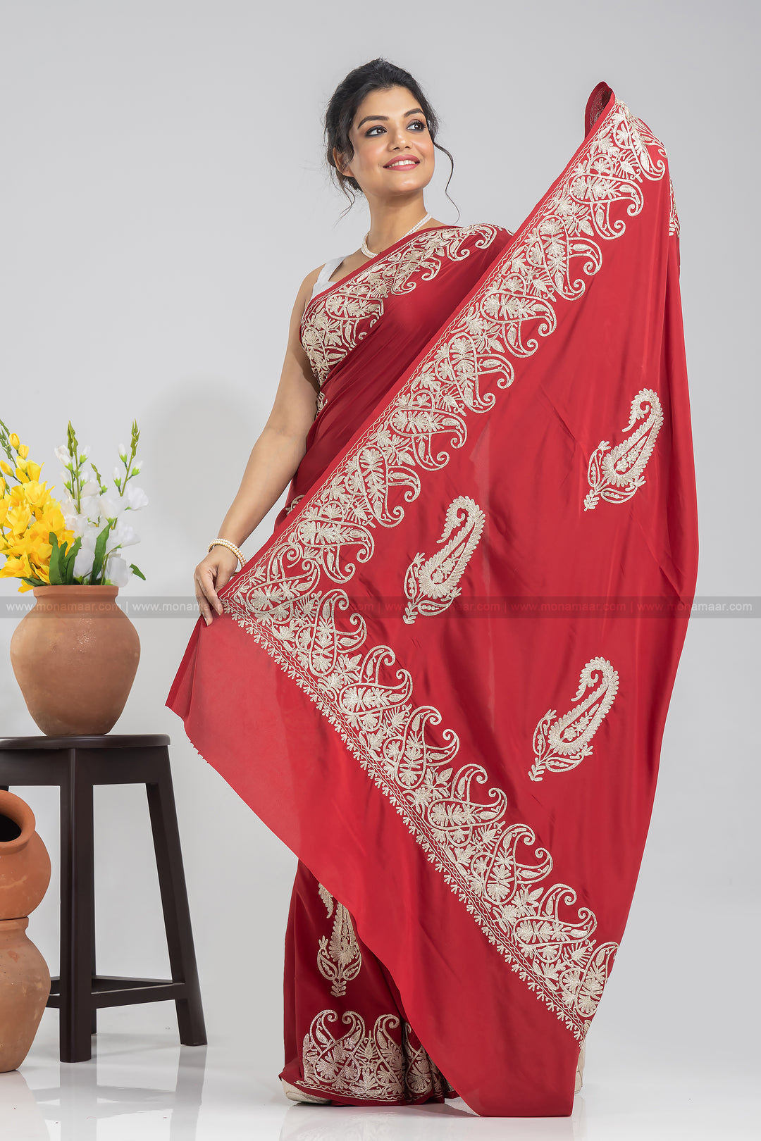 Kashmiri Embroidered Red Saree