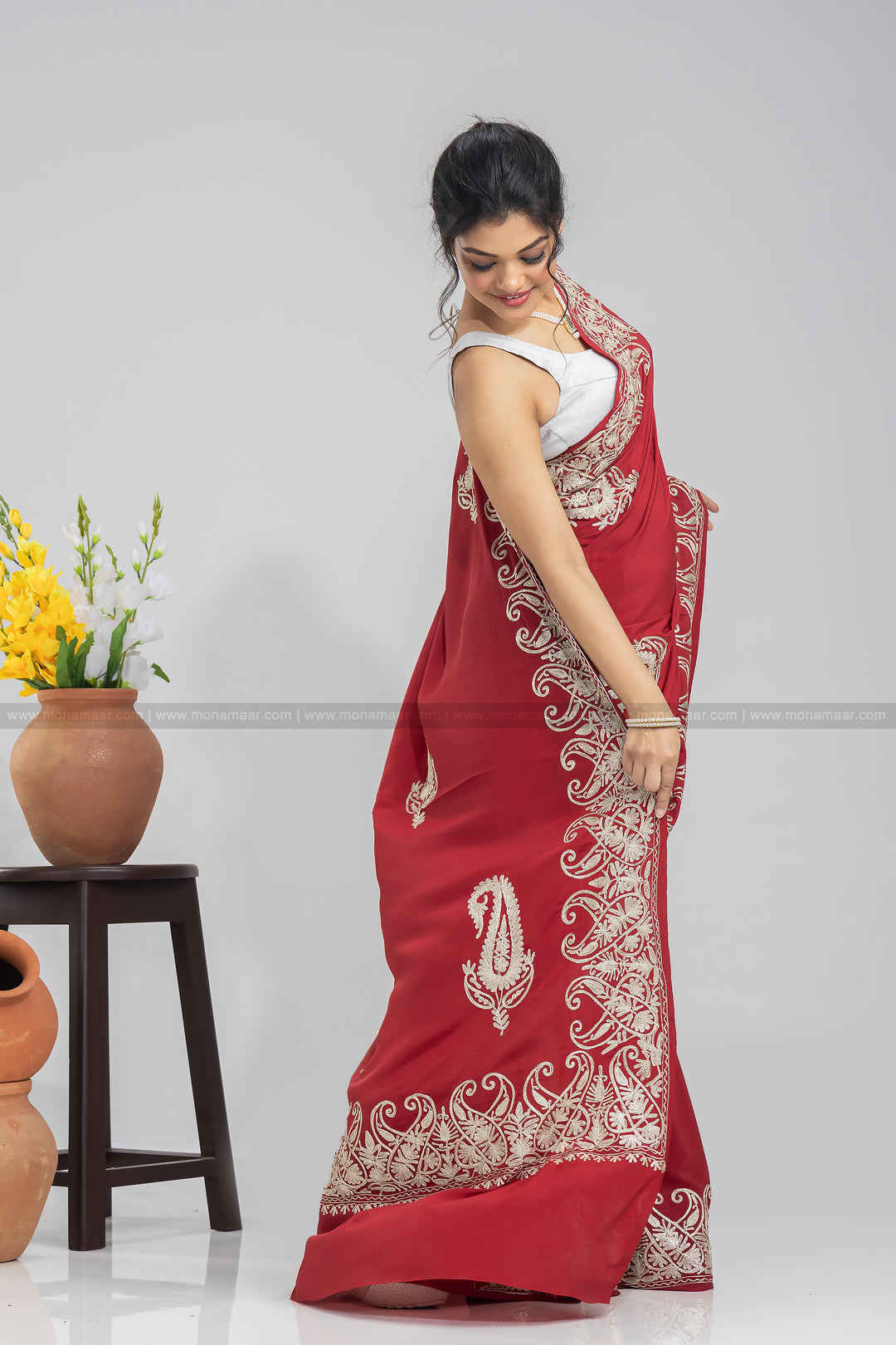 Kashmiri Embroidered Red Saree