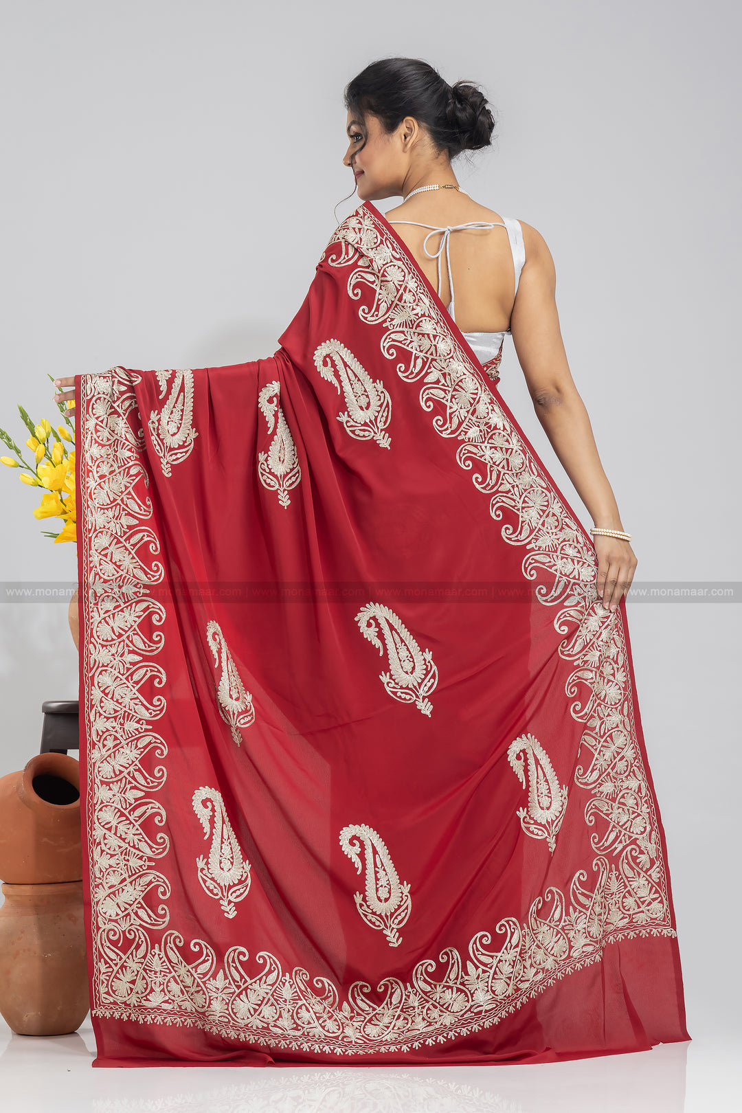 Kashmiri Embroidered Red Saree