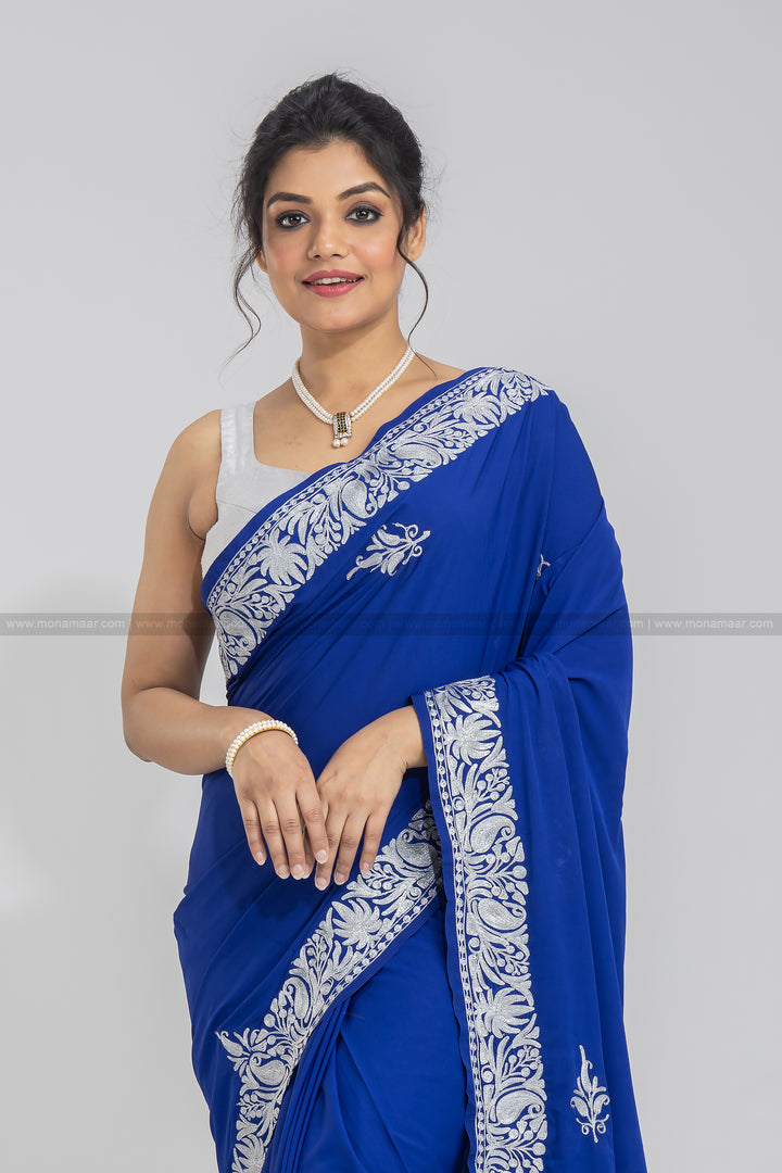 Kashmiri Embroidered Blue Saree