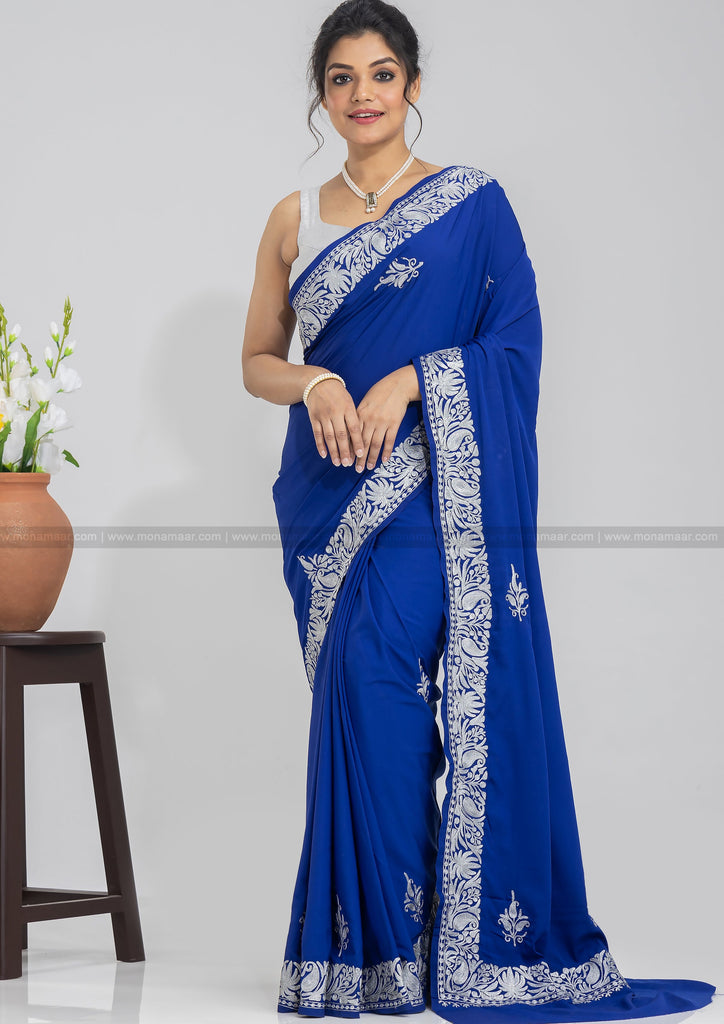 Buy Latest Style Silver Zari Embroidered Organza Prussian Blue Saree |SARV119771