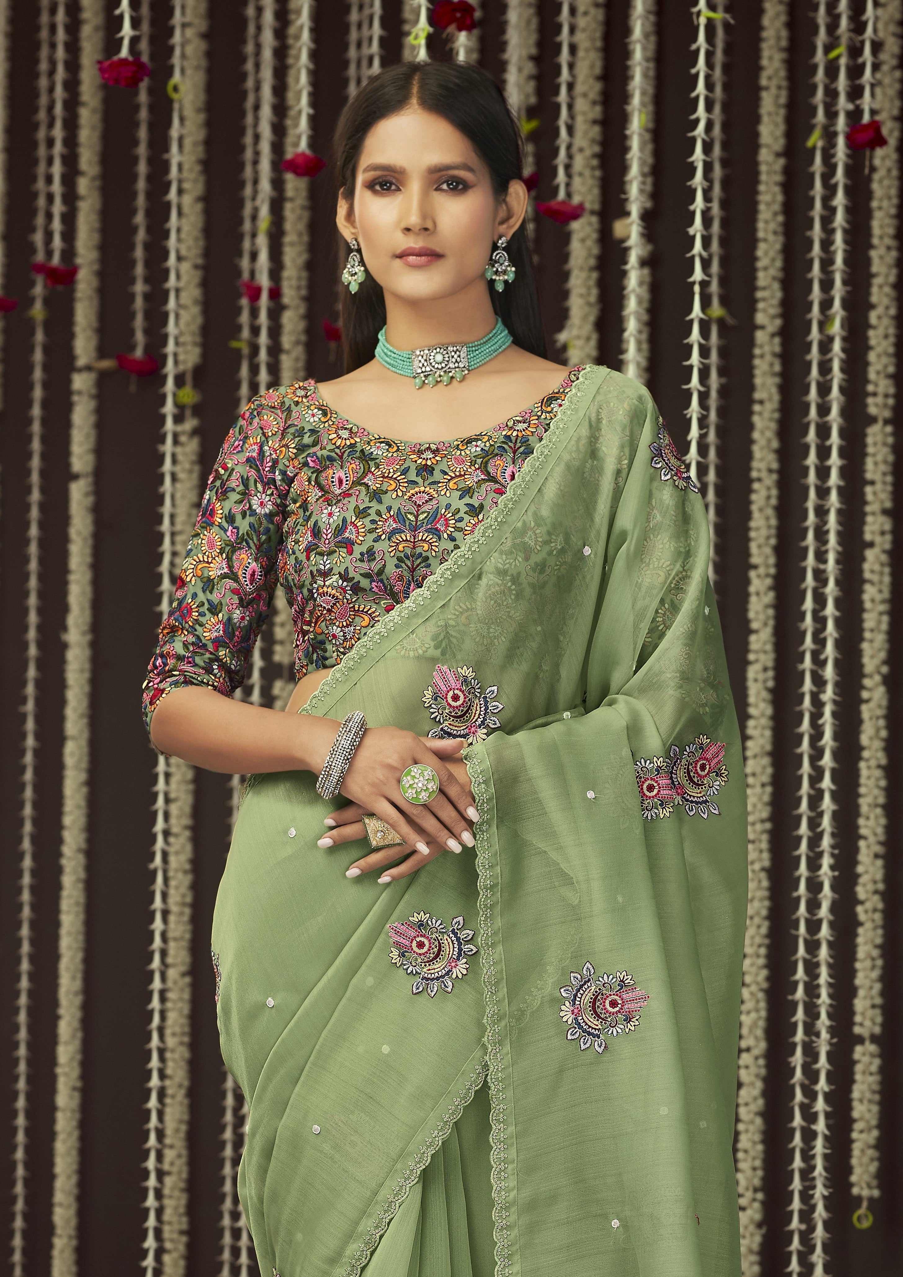 Pista Green Organza Party Wear Saree With Contrast Blouse