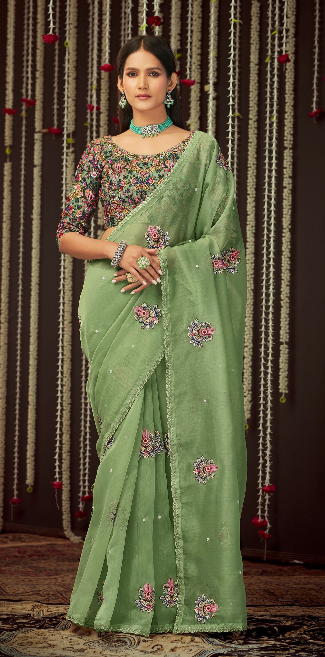 Buy Geroo Jaipur Green Hand Embroidered resham and Tube work Organza Saree  online