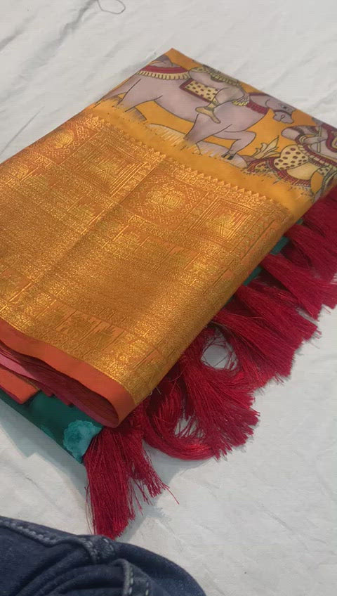 Kalamkari semi silk saree grey and yellow with allover prints and prin – Prashanti  Sarees