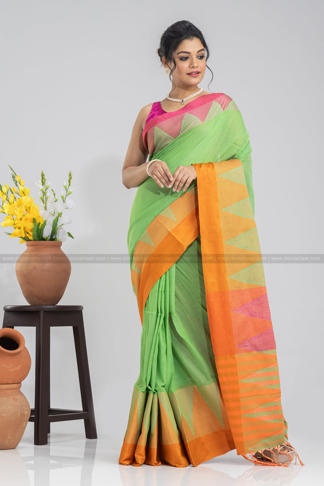 Light Green Temple Border Khadi Saree