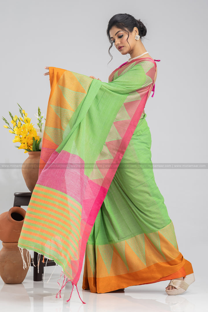 Light Green Temple Border Khadi Saree